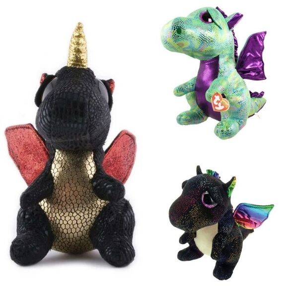 TY Beanie Boo dragons 3 set Cinder Grindal Anora green black large plush 12” NEW